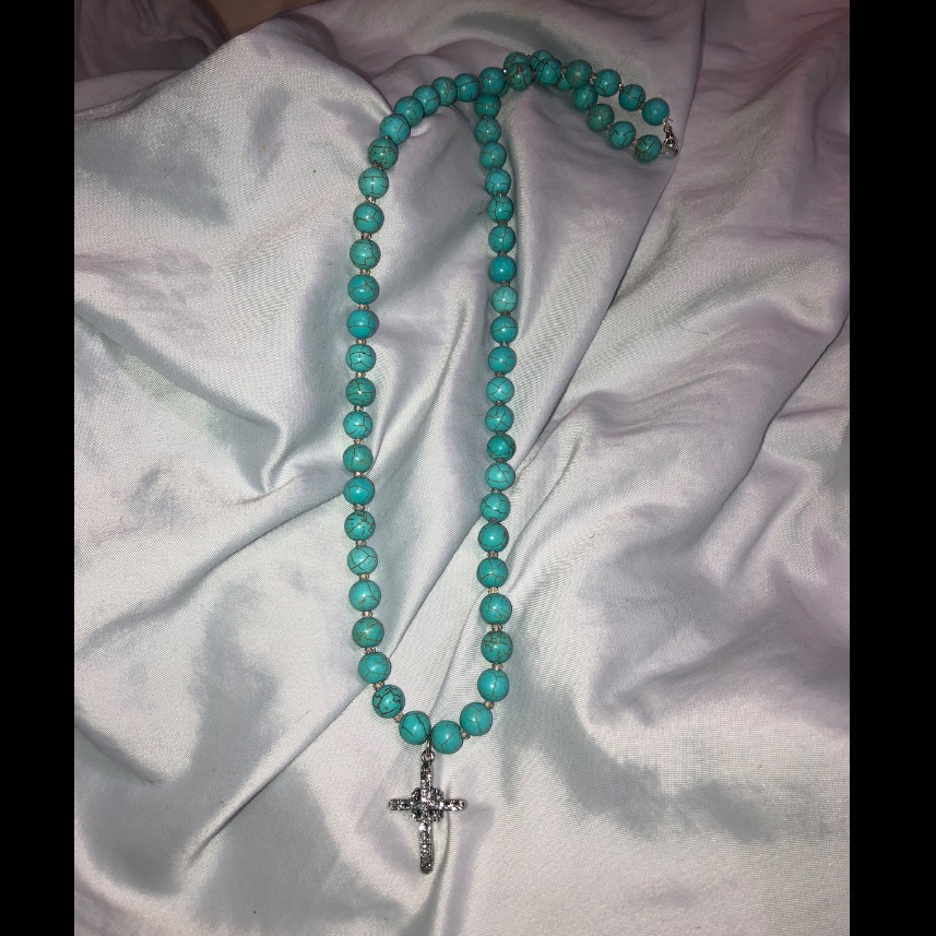 Turquoise Beaded Necklace Swarovski Spacers Silver Bling Cross Necklace Pendant 35$